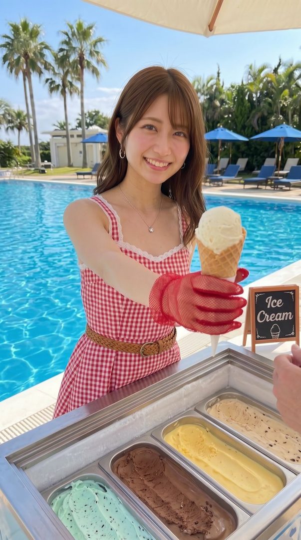 A smiling woman in a red and white checkered dress offers an ice cream cone by a swimming pool with palm trees in the background.