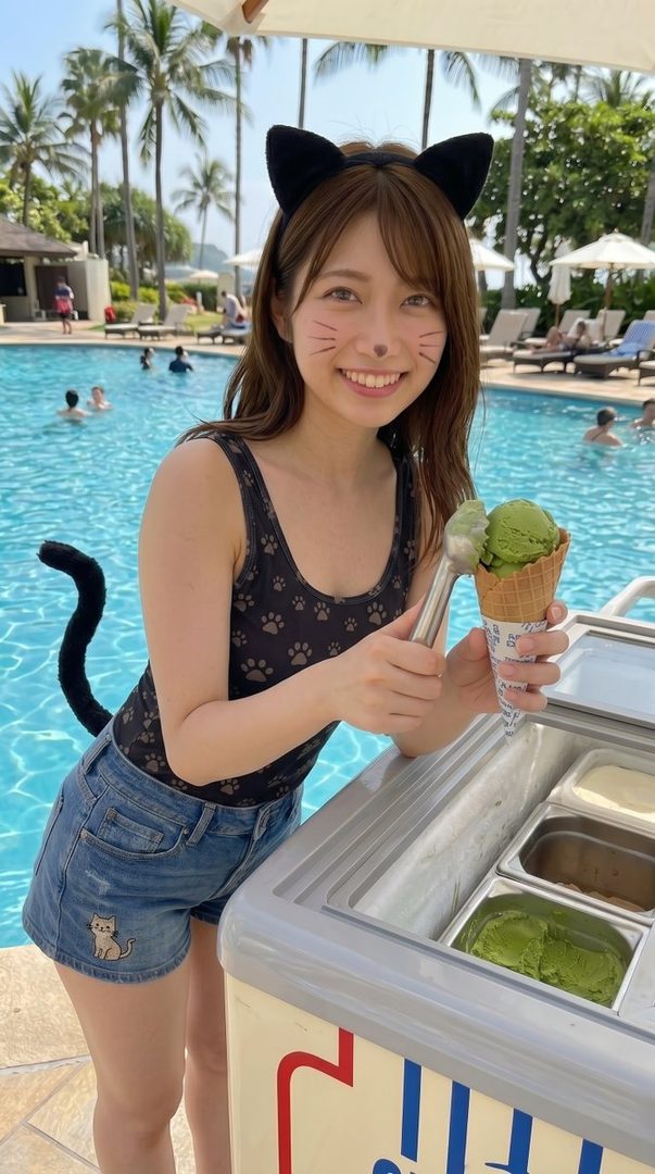A smiling woman with cat ears and tail, wearing a swimsuit and denim shorts, scoops green ice cream by a swimming pool.