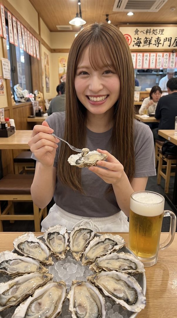 A smiling woman with long brown hair is holding an oyster with a fork, sitting at a table with a plate of oysters and a glass of beer.