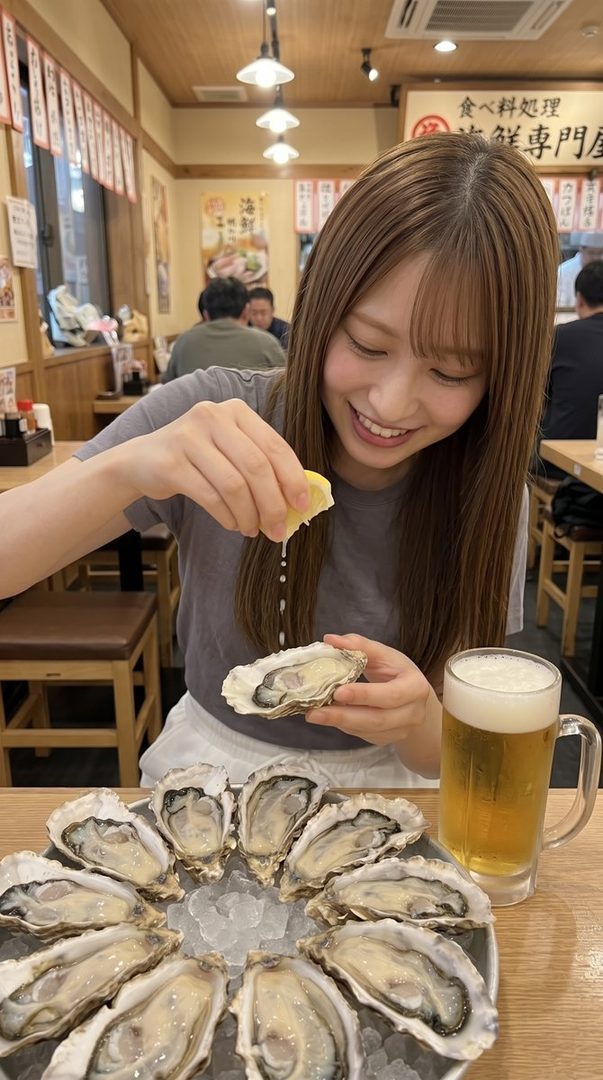 A young woman with long brown hair and bangs smiles while squeezing lemon juice onto an oyster at a restaurant table with a plate of oysters and a glass of beer.