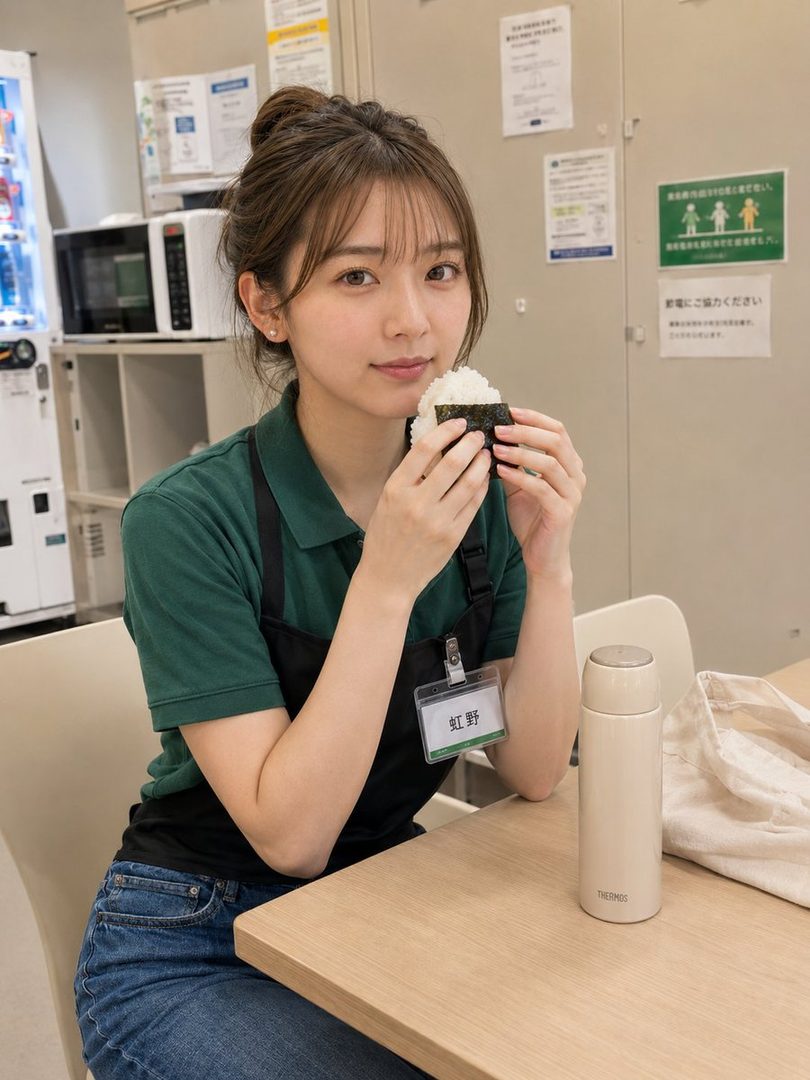 A young woman with brown hair and bangs, wearing a green polo shirt and black apron, is sitting at a table indoors and eating an onigiri.