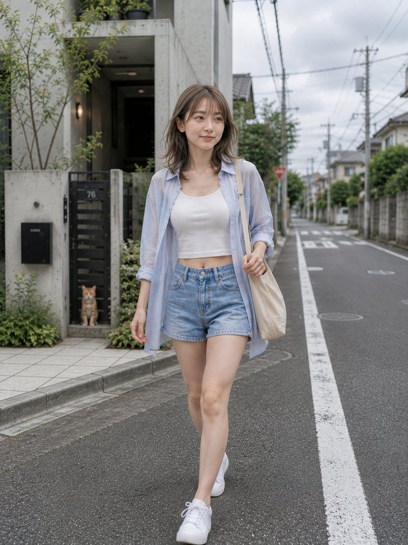A young woman with brown hair walks down a residential street in a light blue shirt, white crop top, and denim shorts, carrying a tote bag.