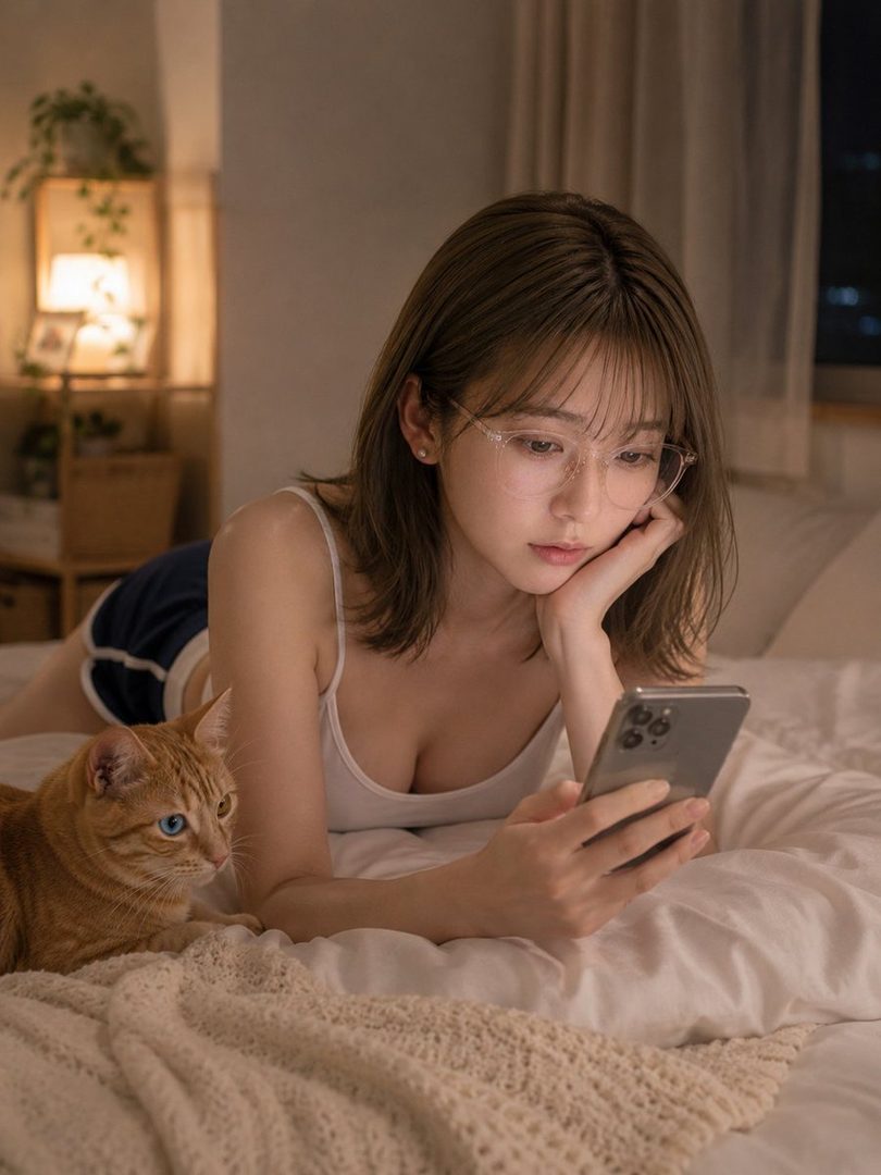 A young woman with brown hair and glasses lies on a bed, looking at her phone, with a cat beside her.