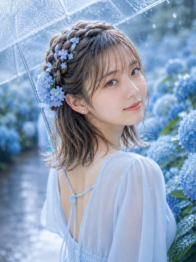A beautiful woman with braided hair adorned with blue flowers holds an umbrella in a rainy garden with hydrangeas.