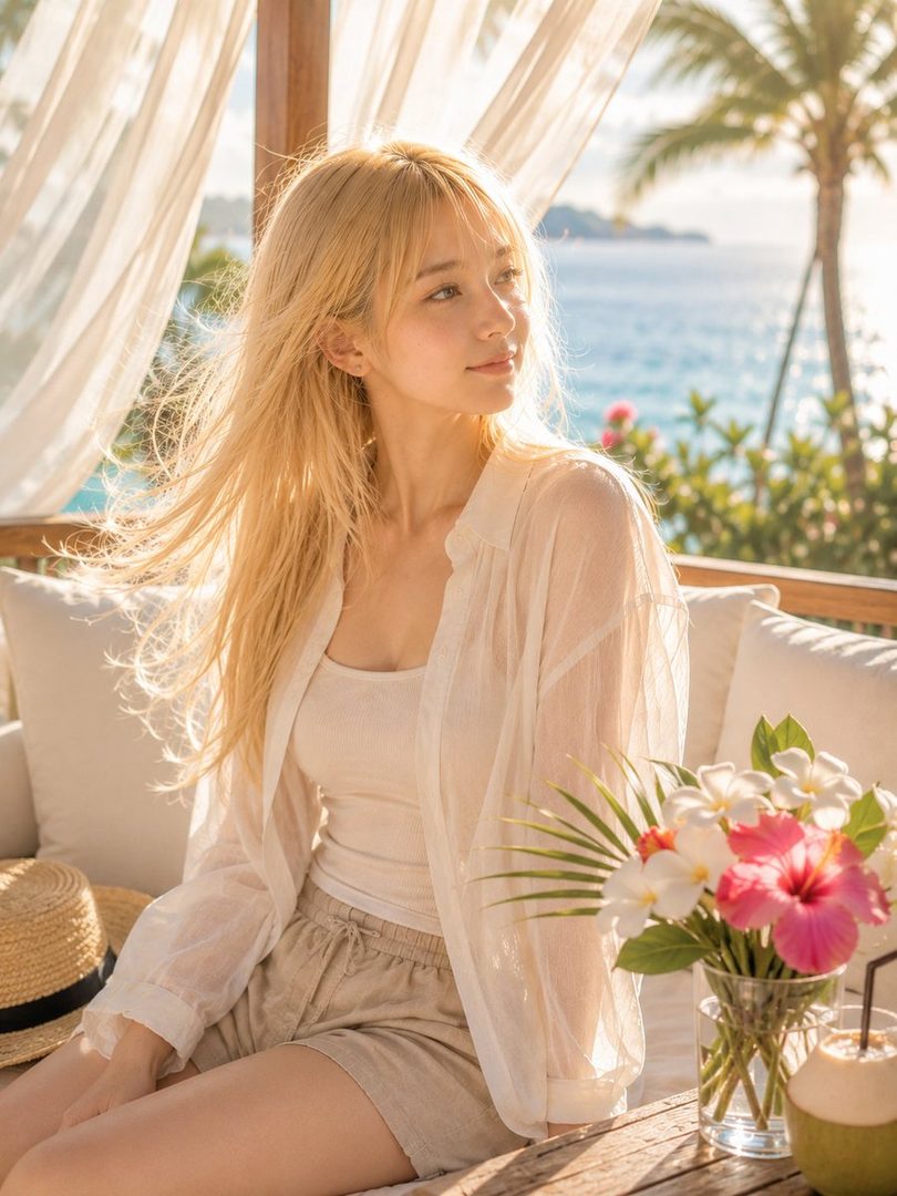 A beautiful woman with long blonde hair and bangs sits outdoors on a sunny day, looking towards the ocean.