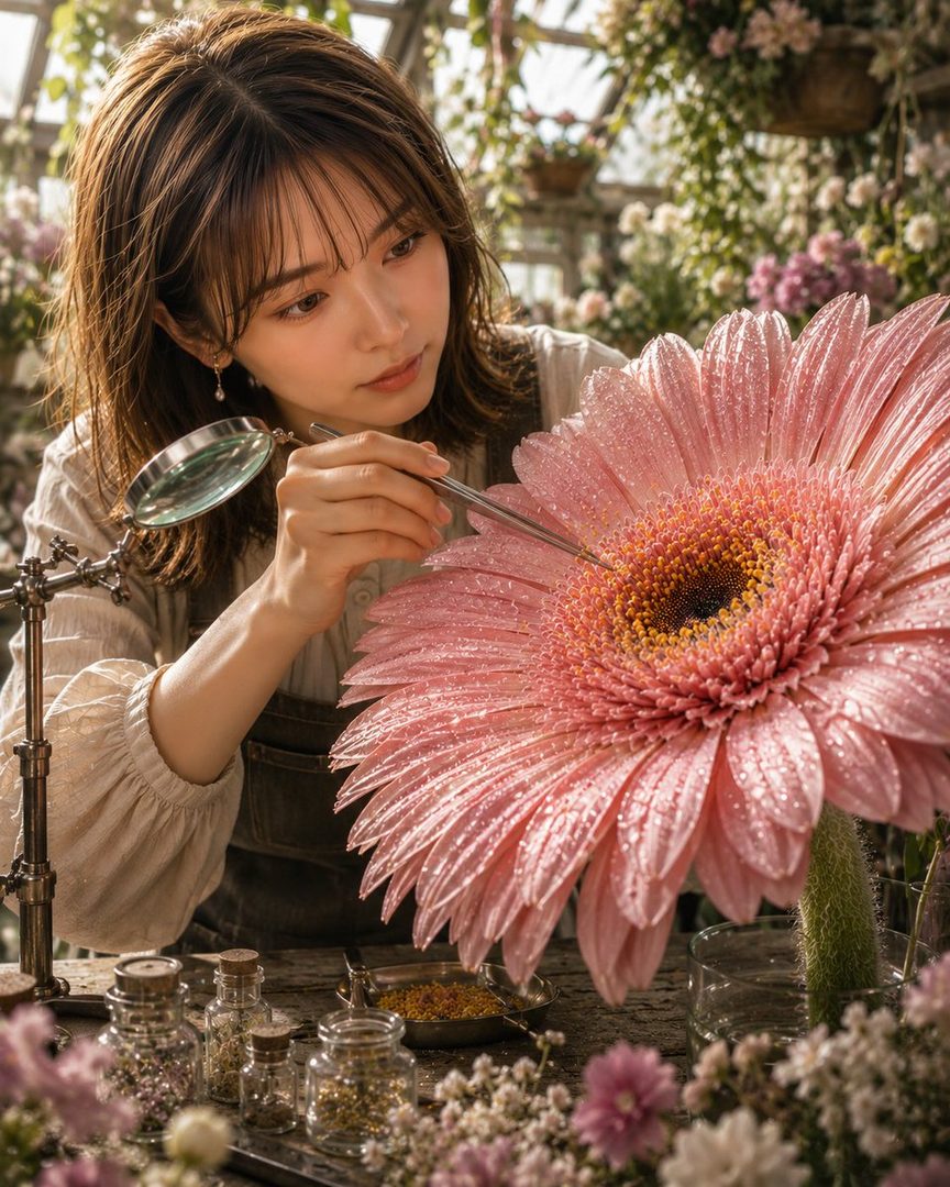 A young woman with brown hair meticulously examines a large pink flower with a magnifying glass and tweezers in a sunlit greenhouse.
