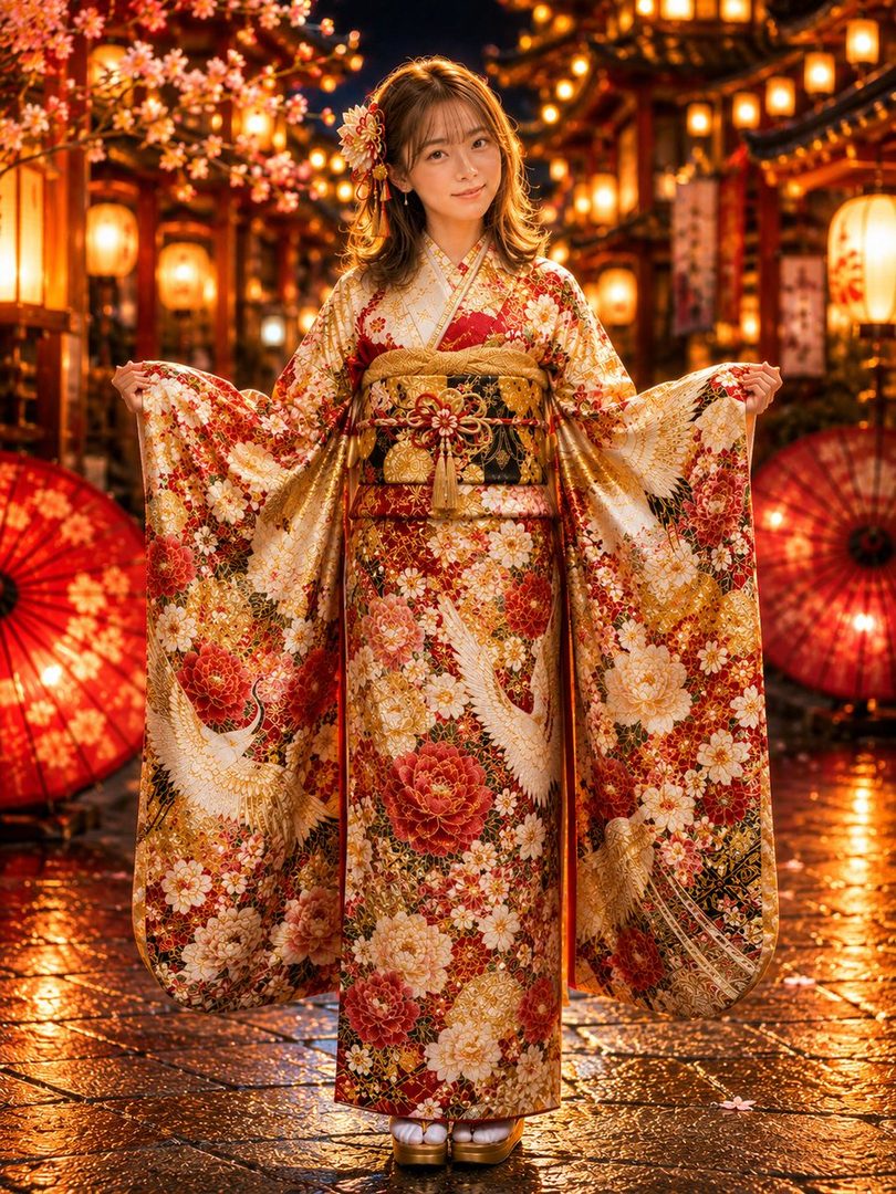 A woman in a beautiful, ornate kimono stands outdoors at night, surrounded by glowing lanterns and cherry blossoms.
