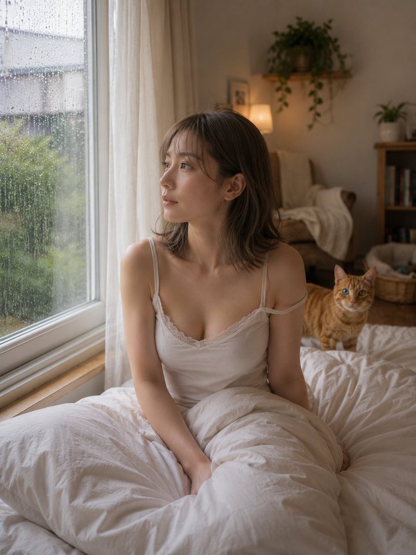 A young woman with brown hair sits by a window on a rainy day, looking out thoughtfully, with a cat nearby.