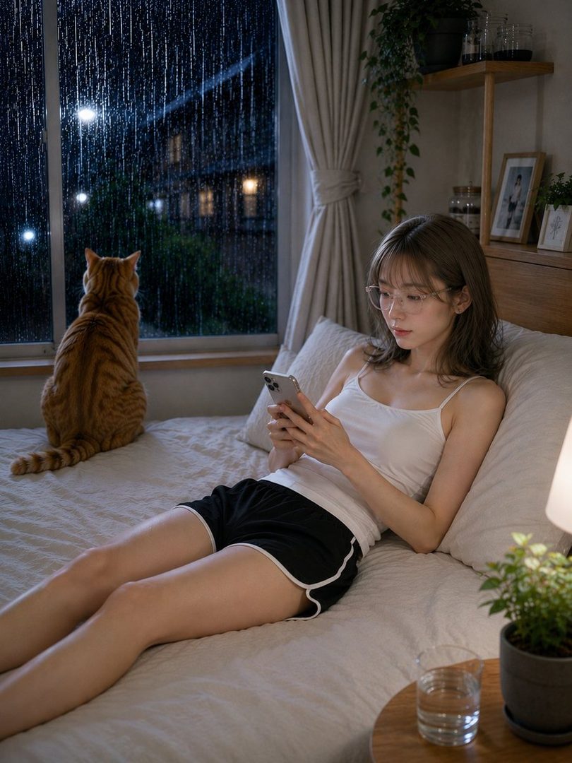 A young woman in glasses and casual wear lies on a bed, looking at her phone, with a cat by the window watching the rain outside at night.