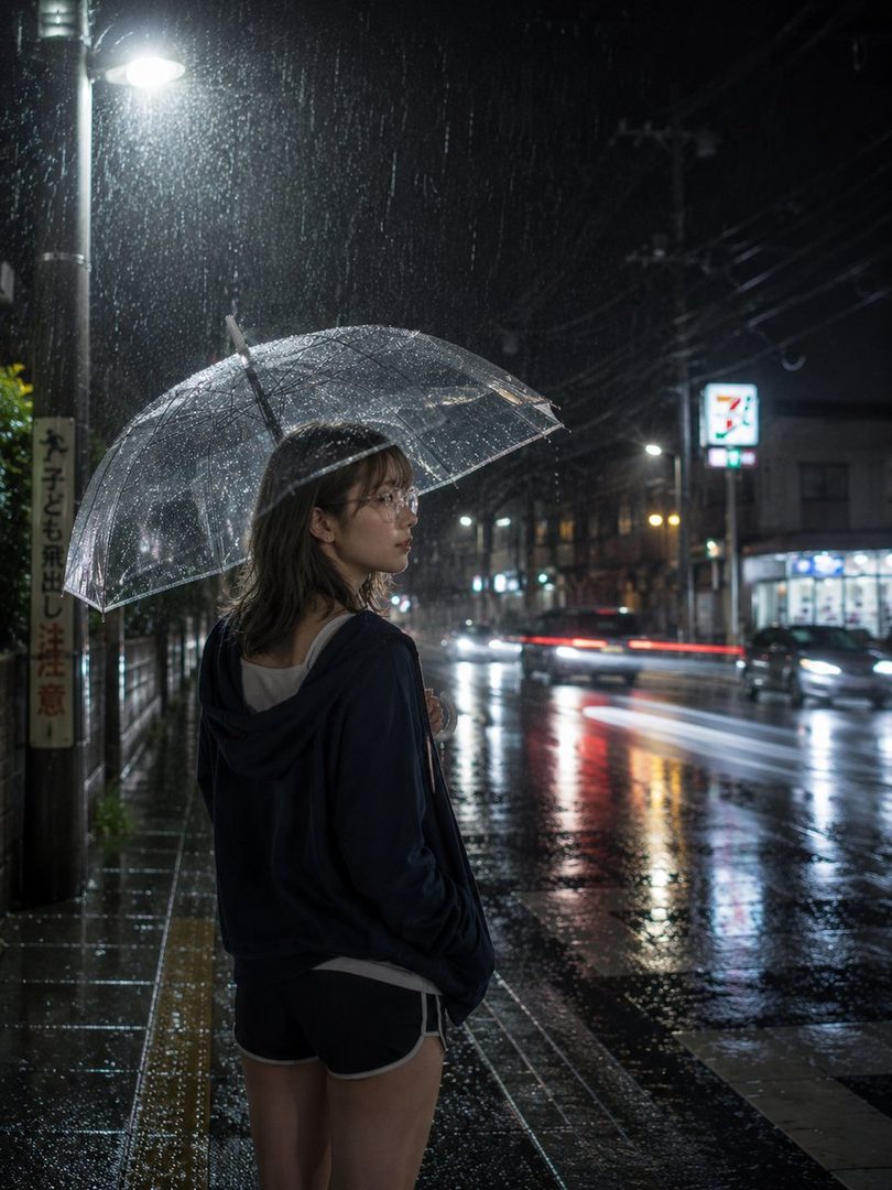 A young woman with glasses and a clear umbrella stands on a rainy city street at night, looking to the side.