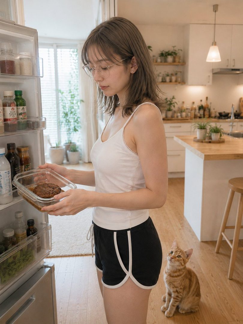 A young woman in a white tank top and black shorts is looking into a refrigerator in a bright kitchen, with a cat sitting on the floor nearby.