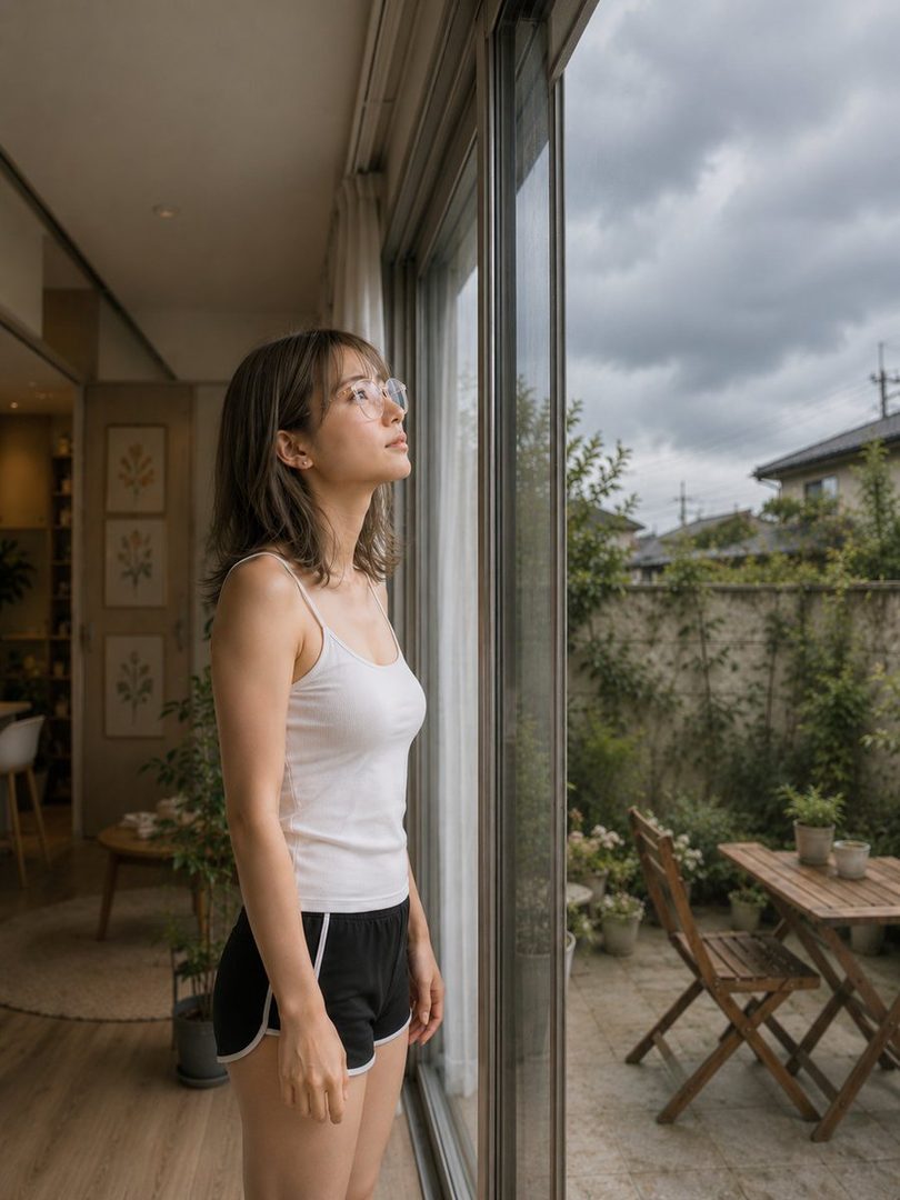 A young woman in a white tank top and black shorts looks out a large window at a cloudy sky and an outdoor patio.