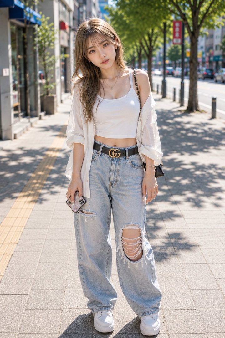 A young woman with long brown hair and bangs, wearing a white crop top, ripped jeans, and a white shirt, stands on a city sidewalk on a sunny day.