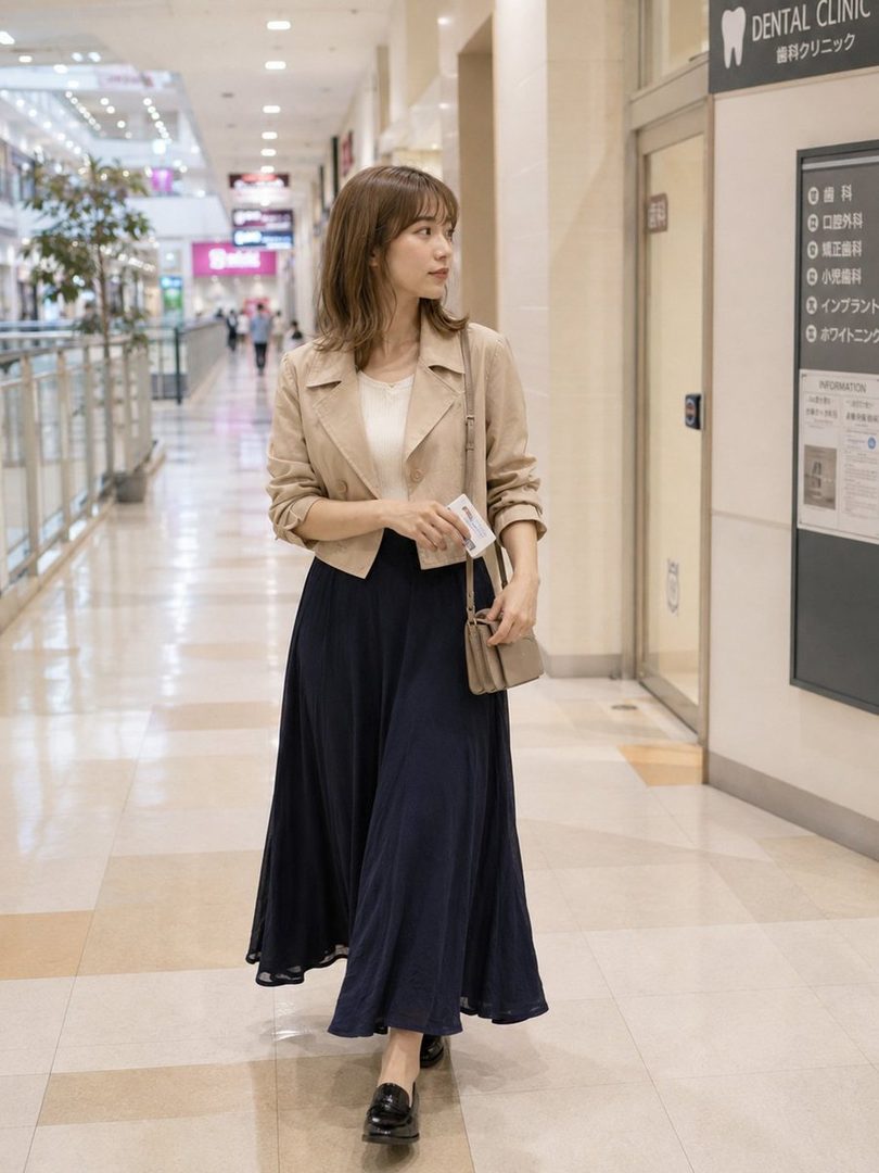 A young woman in a beige jacket and long navy skirt walks through an indoor shopping mall, looking to her right.