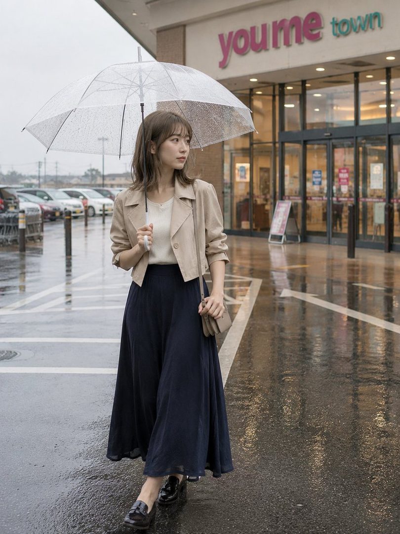A young woman holding a clear umbrella walks on a wet street in front of a "youme town" shopping center.