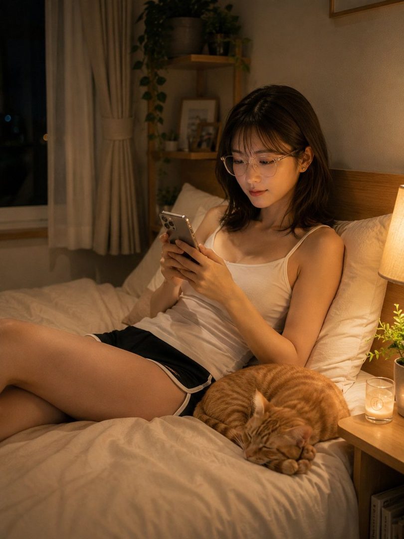 A young woman with glasses is lying in bed, looking at her phone, with a sleeping cat beside her.