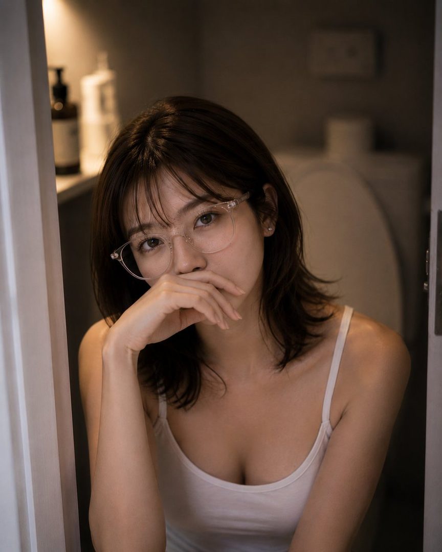 A woman with short brown hair and glasses looks thoughtfully at the camera while wearing a white tank top indoors.