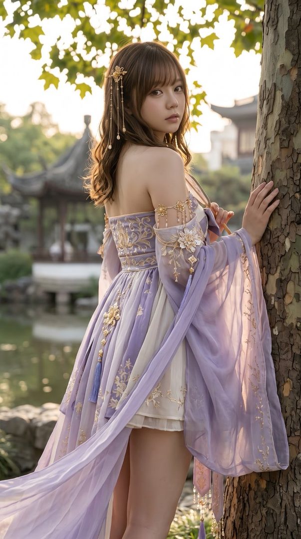 A young woman in a beautiful purple and gold traditional-style dress with flowing sleeves stands by a tree in a garden during golden hour.