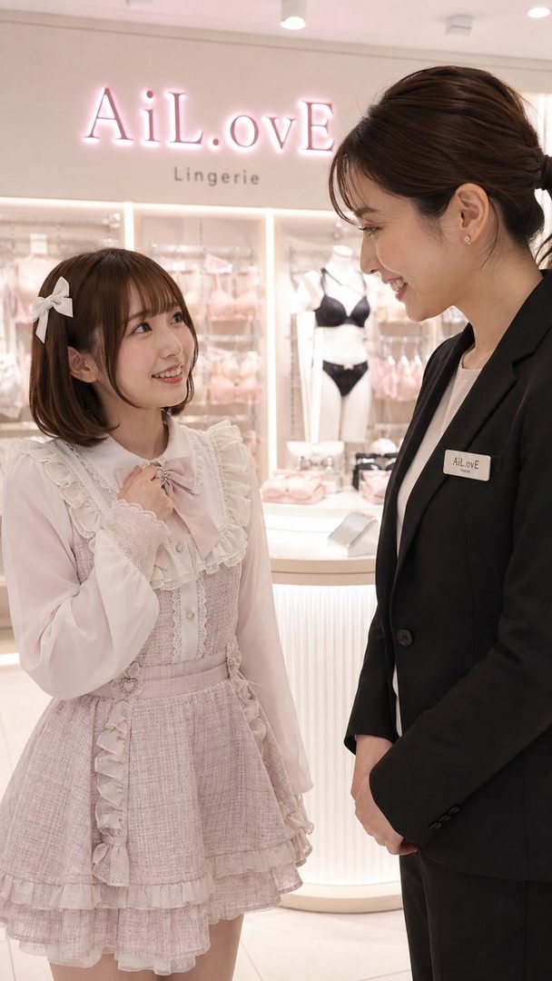 A young woman in a pink dress and white blouse with a bow in her hair, smiling at a store employee in a lingerie shop.