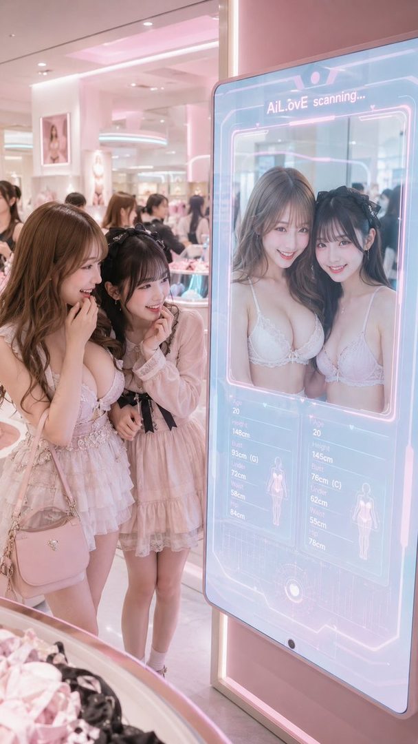 Two young women in frilly dresses smile while looking at an AI fitting screen displaying images of women in lingerie.