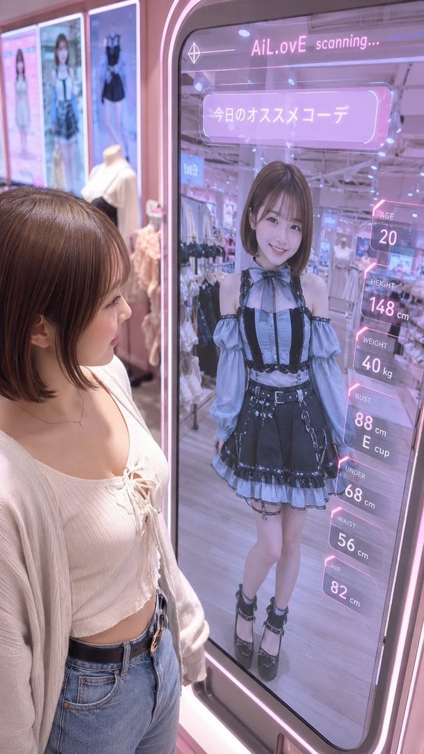 A woman in a white top and jeans looks at an AI-generated image of a young woman in a blue and black dress on a digital display.