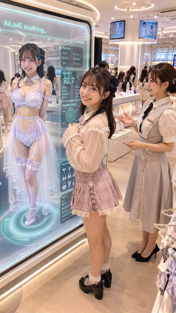 A young woman stands in front of a digital display showing a holographic projection of herself in lingerie, while another woman in a uniform stands nearby.
