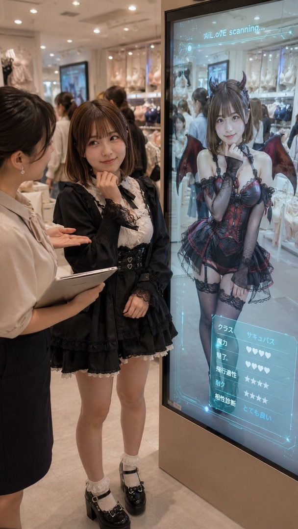 A young woman in a black lolita-style dress interacts with an AI monitor displaying a succubus cosplay outfit in a store.