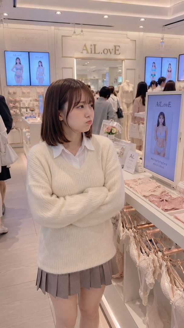 A young woman with short brown hair and bangs, wearing a white sweater and a grey pleated skirt, stands in a lingerie store with her arms crossed, looking to the side with a slight pout.