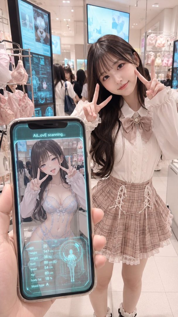 A cute East Asian girl with long brown hair and bangs poses in a white blouse and plaid skirt, holding a phone displaying an anime girl in lingerie.