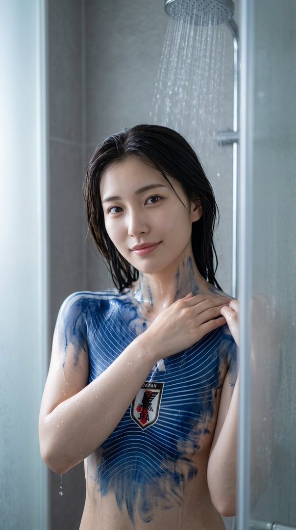 A woman with a painted-on Japan soccer jersey stands in a shower with water running.