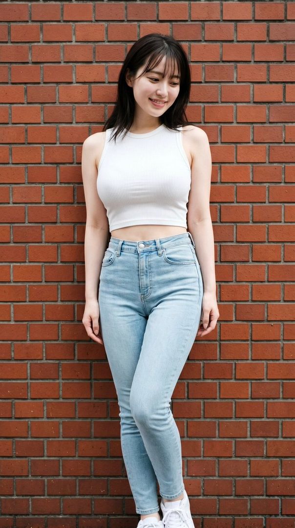 A young woman with long black hair and bangs, wearing a white crop top and light blue jeans, smiles while leaning against a brick wall.