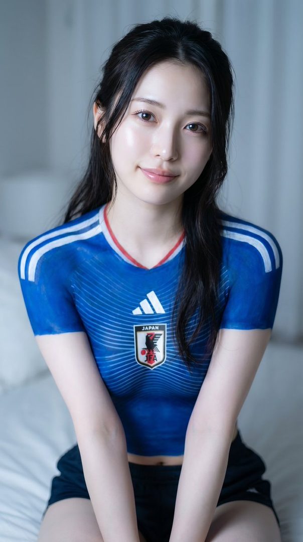 A young woman with long black hair poses in a blue body-painted Japan soccer jersey and black shorts.