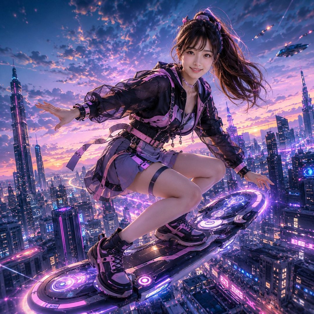 A young woman with brown hair in a ponytail hovers on a futuristic skateboard above a neon-lit city at dusk.