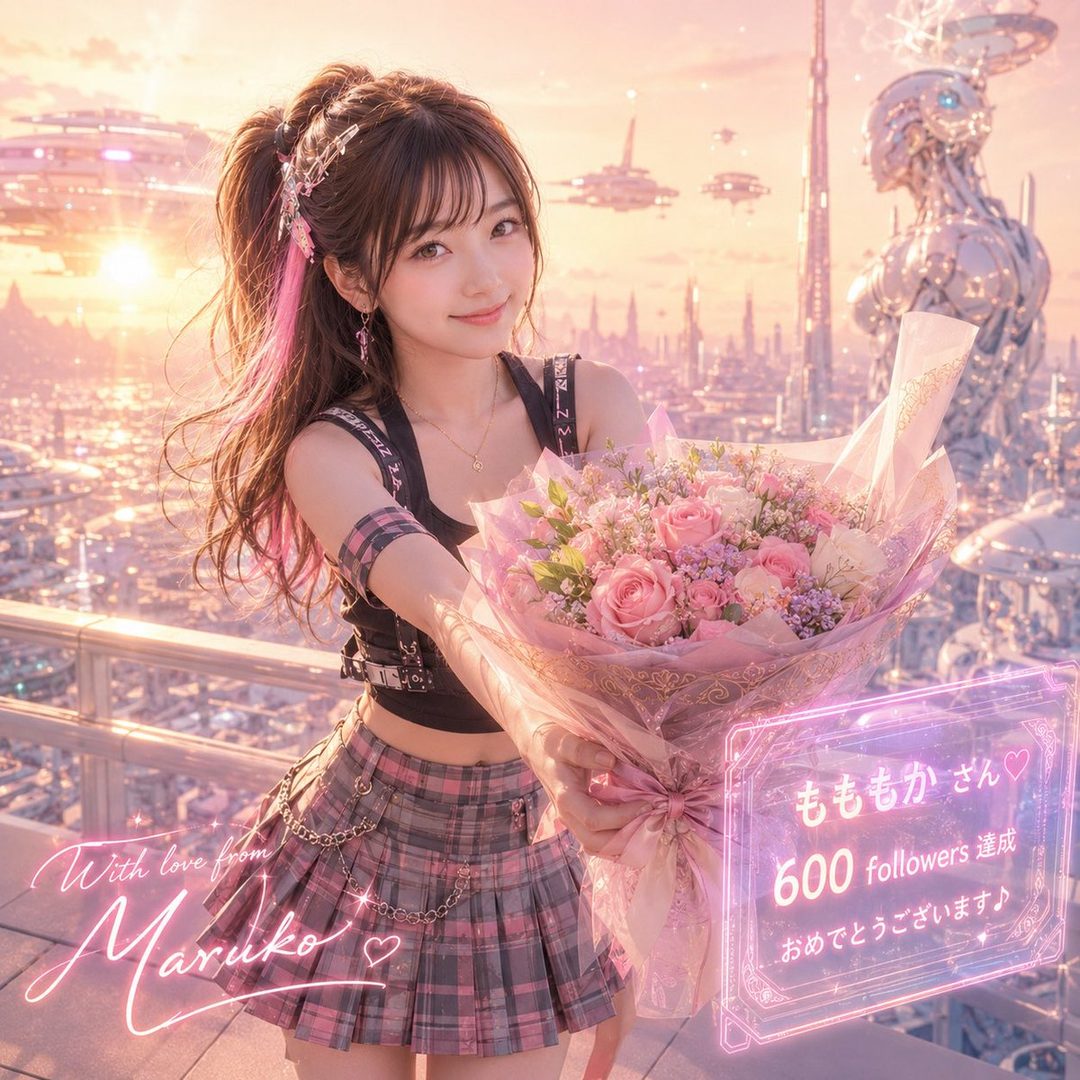 A cute girl with brown hair and pink highlights in a ponytail, wearing a plaid skirt and black top, holds a bouquet of pink flowers against a futuristic city background.