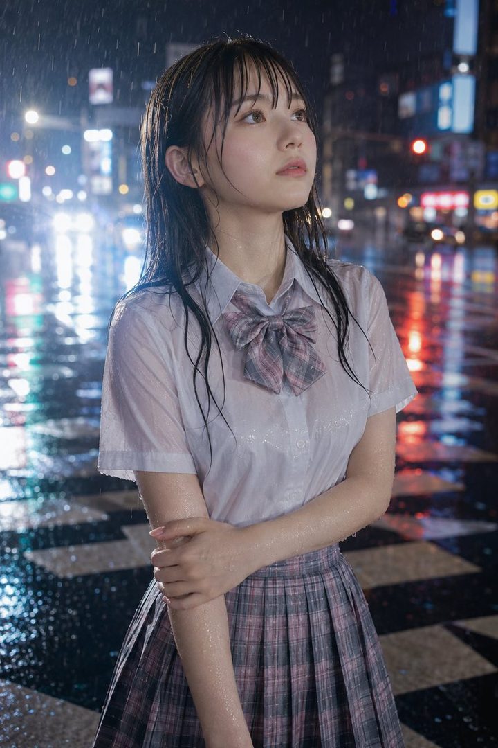 A young woman in a school uniform stands in the rain at night on a city street, looking up with a dreamy expression.