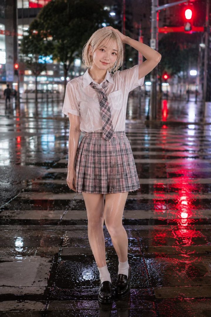 A young woman in a wet school uniform stands on a rainy city street at night, looking playful.