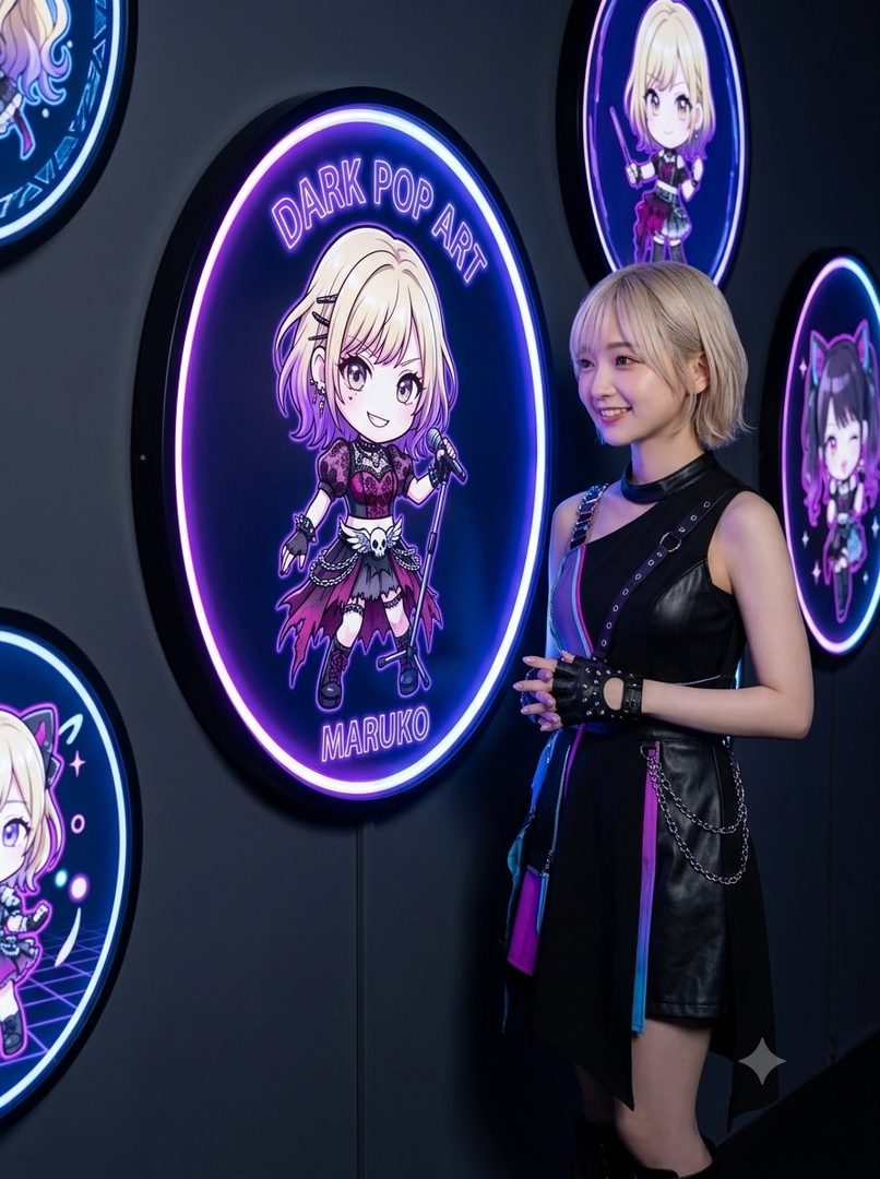 A young woman with short blonde hair smiles while standing next to a neon sign featuring an anime character.