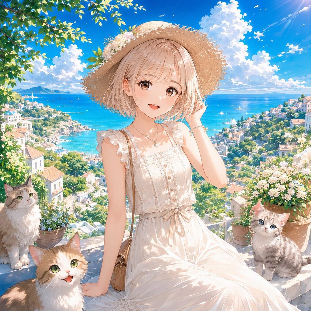 An anime girl with short blonde hair and a straw hat smiles while sitting outdoors with three cats, overlooking a coastal town and the sea under a blue sky.