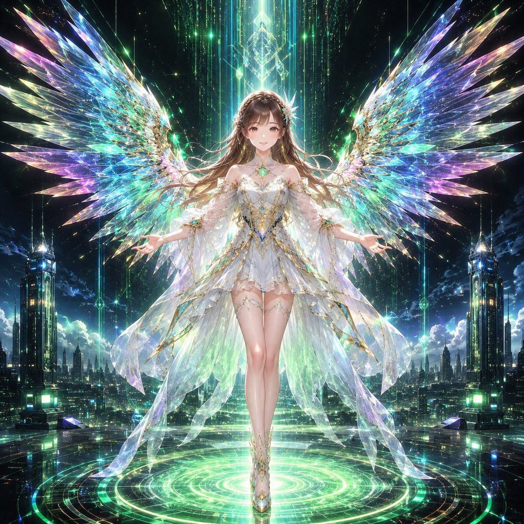 An anime-style illustration of an angelic woman with large, colorful crystal wings, wearing a white and gold dress, standing in a futuristic city at night with glowing green patterns on the ground.