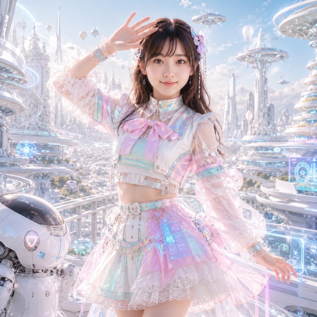 A young woman in a futuristic pastel outfit poses in a city of white buildings and flying vehicles.