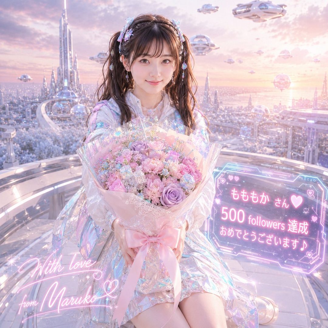 A cute girl with brown twintails holds a bouquet of flowers in a futuristic city at sunset, celebrating 500 followers.