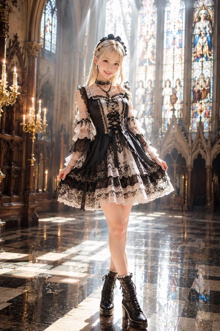 A young woman in a black and white gothic lolita dress stands in a grand hall with stained glass windows.
