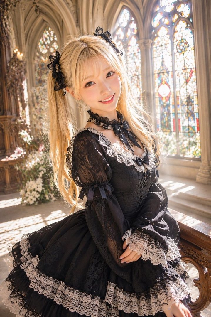 A beautiful woman with blonde hair in pigtails wearing a black gothic lolita dress smiles in a grand hall with stained glass windows.