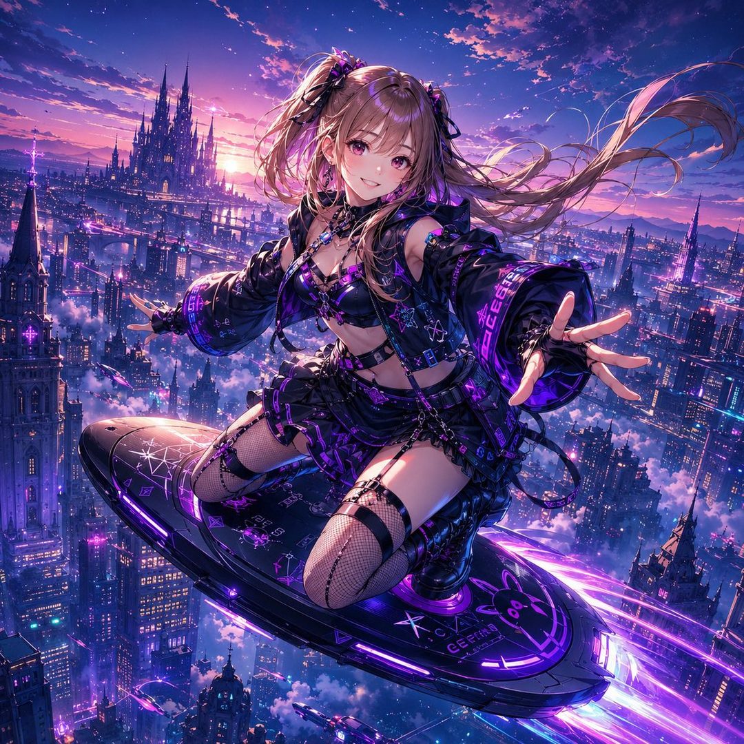 An anime girl with twintails and a dark purple outfit is flying on a hoverboard over a futuristic city at night.