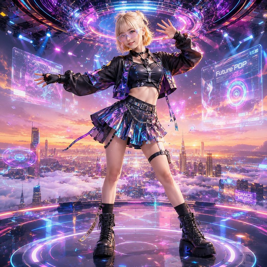 A blonde woman in a futuristic outfit stands on a glowing platform overlooking a neon-lit city at night.