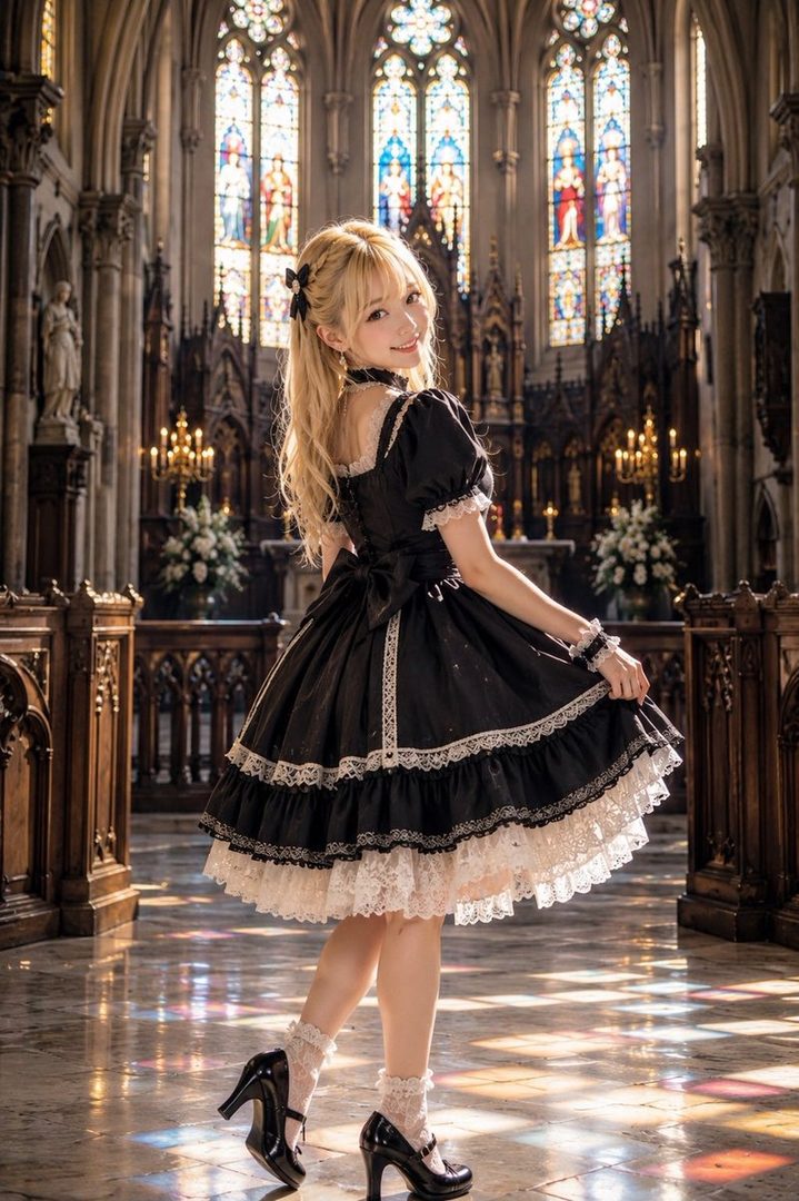 A blonde woman in a black and white gothic lolita dress smiles over her shoulder in a church with stained glass windows.