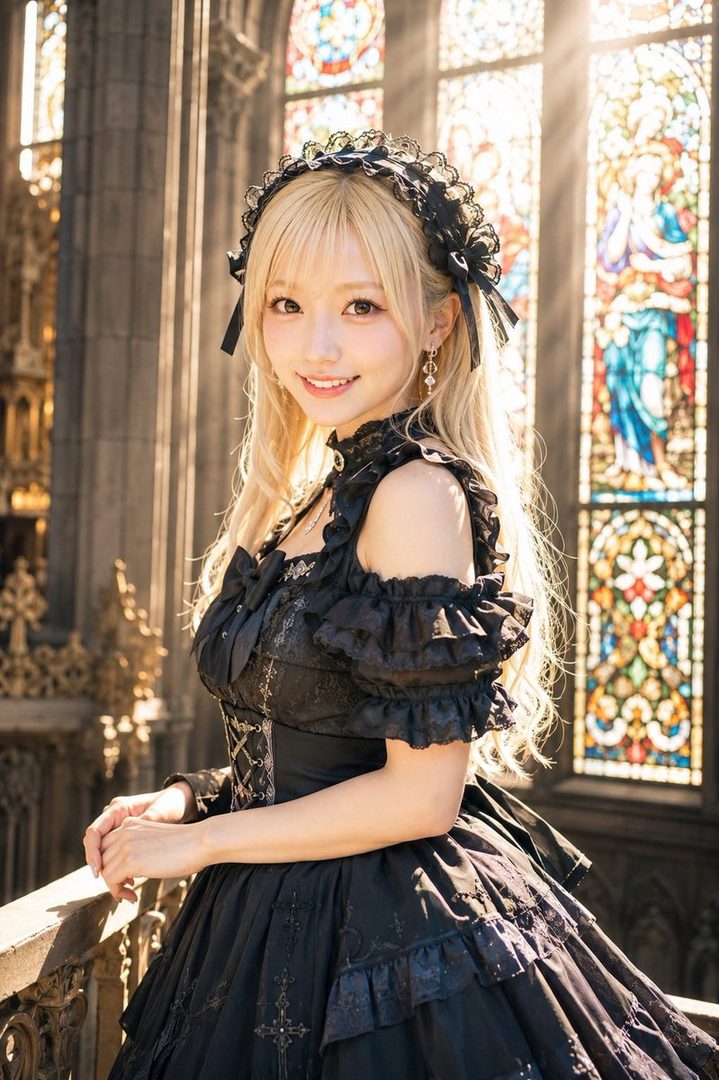 A beautiful woman with long blonde hair and bangs, wearing a black gothic lolita dress, stands indoors with stained glass windows in the background.