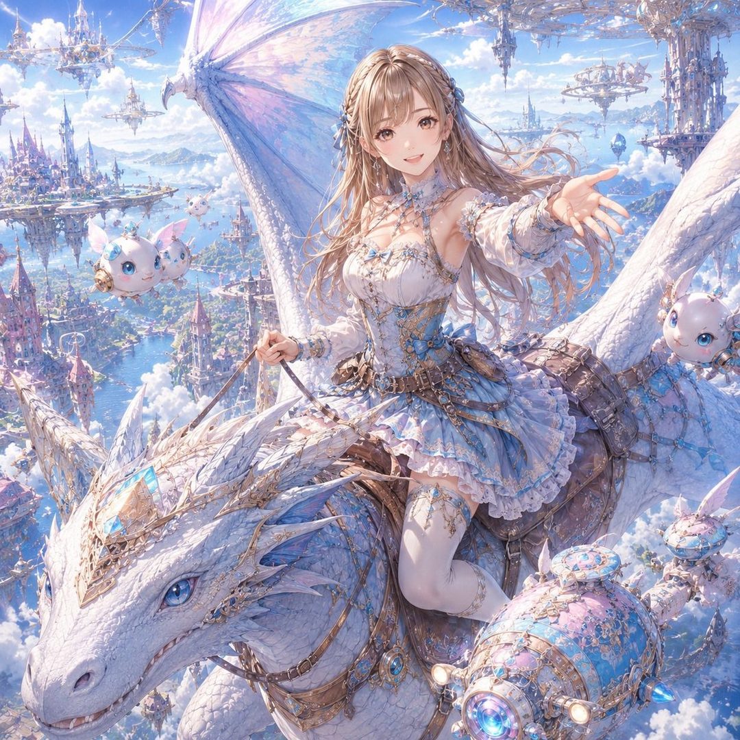 An anime-style girl with long blonde hair in a fantasy dress rides a white dragon in a sky city.