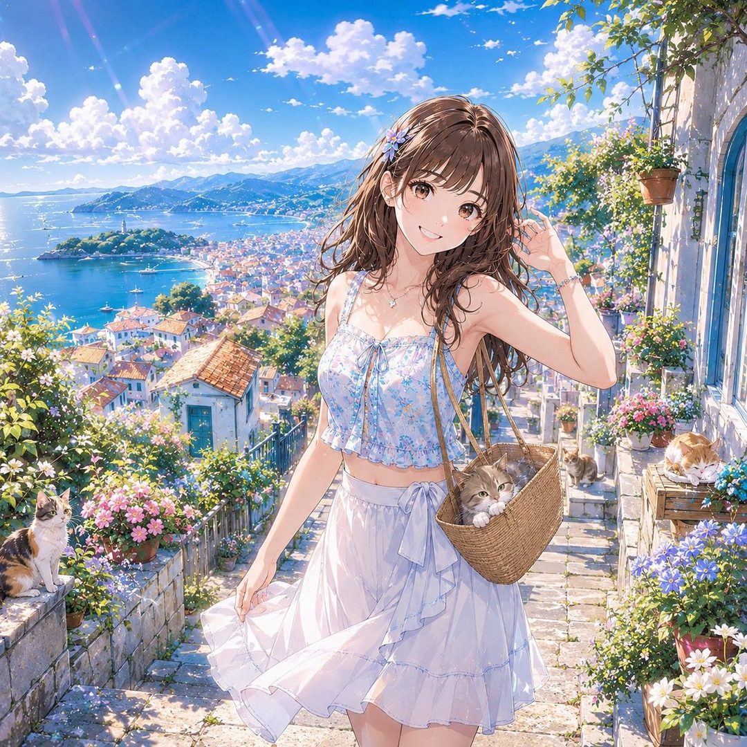 An anime-style girl with long brown hair smiles while walking down a flowery path overlooking a coastal town and the sea.