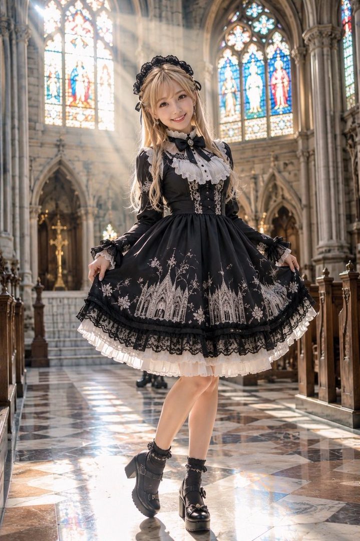 A young woman in a black gothic lolita dress with white lace stands in a grand cathedral with stained glass windows.